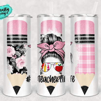 Teacher Life Pink Bow Messy Bun Pencil Tumbler by Crafty Casey's