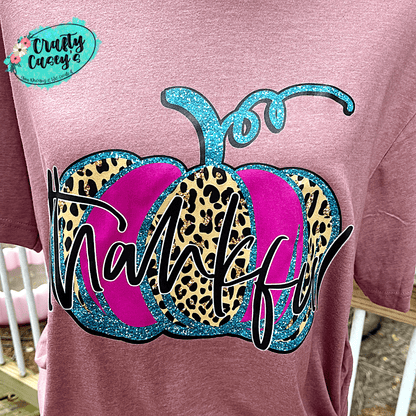 Thankful Leopard Pink Teal Pumpkin Fall  T-shirts by Crafty Casey's