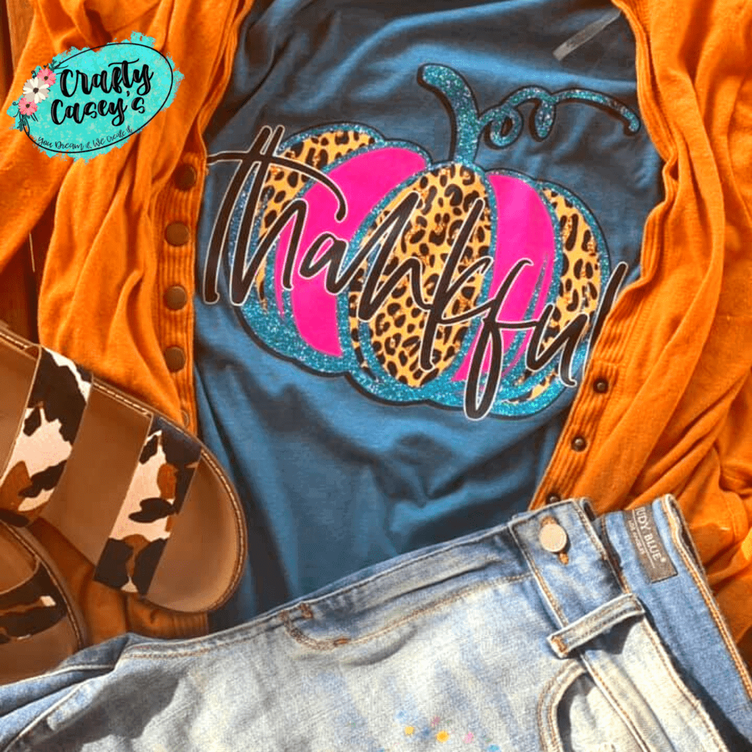 Thankful Leopard Pink Teal Pumpkin Fall  T-shirts by Crafty Casey's