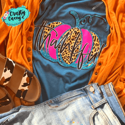 Thankful Leopard Pink Teal Pumpkin Fall  T-shirts by Crafty Casey's