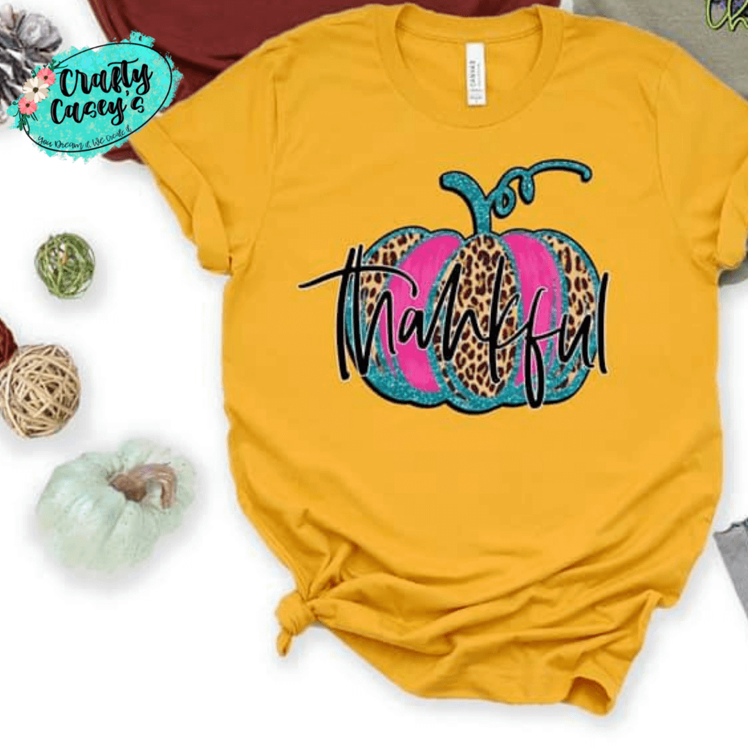 Thankful Leopard Pink Teal Pumpkin Fall  T-shirts by Crafty Casey's