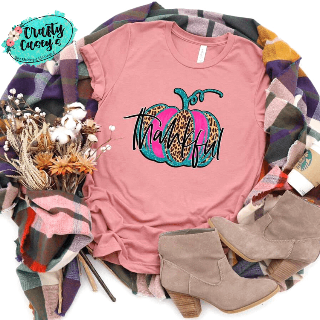 Thankful Leopard Pink Teal Pumpkin Fall  T-shirts by Crafty Casey's