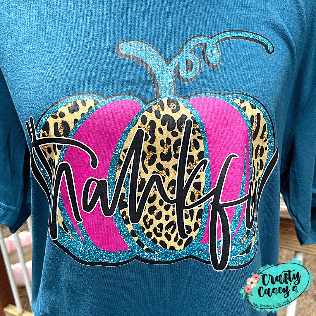 Thankful Leopard Pink Teal Pumpkin Fall  T-shirts by Crafty Casey's