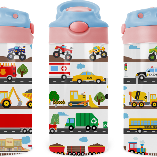 Trains, Planes, Automobiles kids 12 oz Water Bottle Flip Top by Crafty Casey's