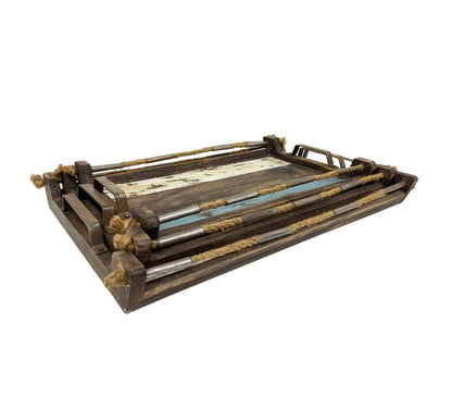 Rusty Wood ServingTray with Metal handle set of 3pcs by Peterson Housewares & Artwares