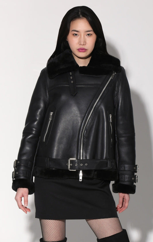 Whitney Jacket, Black Leather/ Black Fur - Leather by Walter Baker