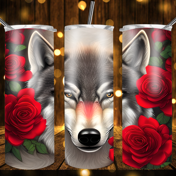 Wolf With Roses Drink Tumbler by Crafty Casey's