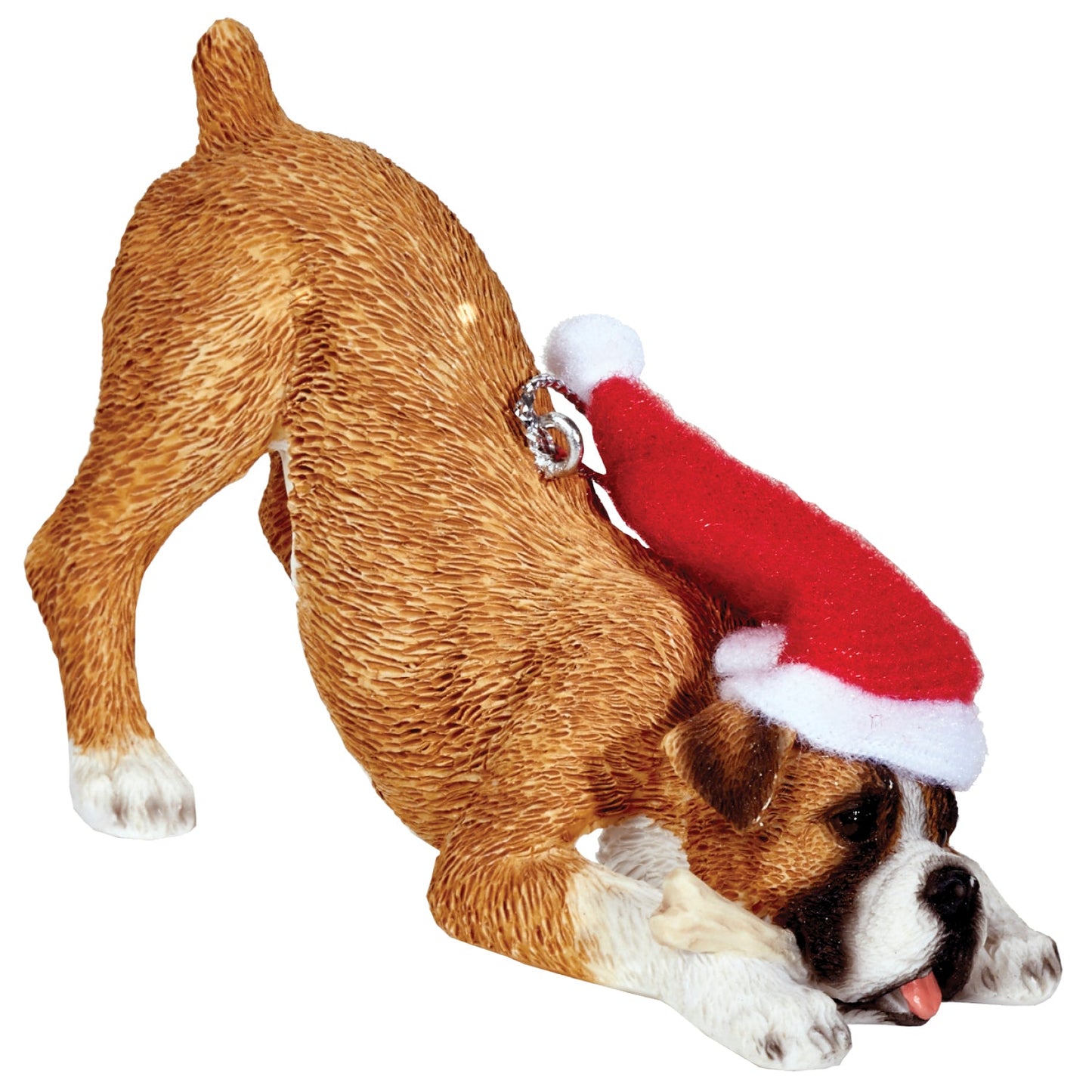 Sandicast Crouching FawnBoxer w/ Santa's Hat Christmas Dog Ornament by Present Paper