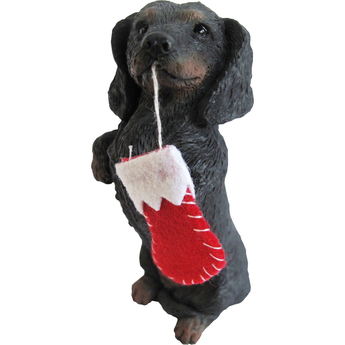 Sandicast Sitting Pretty Black Dachshund w/ Stocking Christmas Dog Ornament by Present Paper