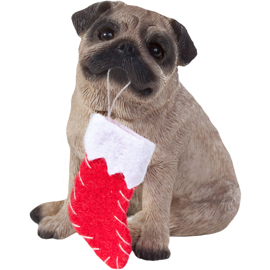 Sandicast Sitting Fawn Pug w/ Stocking Christmas Dog Ornament by Present Paper