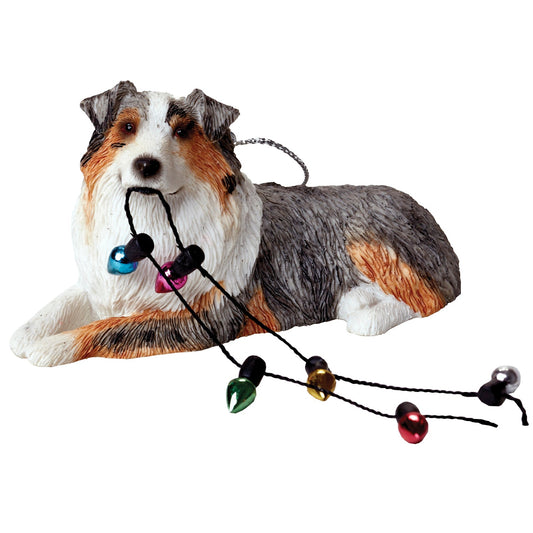 Sandicast Lying Blue Merle Australian Shepherd w/ Lights Christmas Dog Ornament by Present Paper