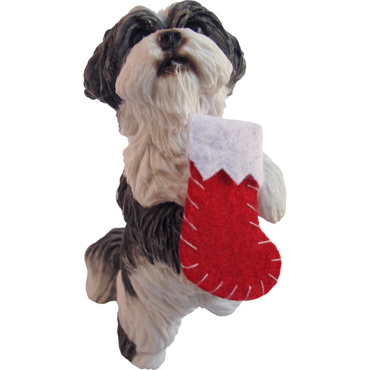 Sandicast Sitting Pretty Gold & White Shih Tzu w/ Stocking Christmas Ornament by Present Paper