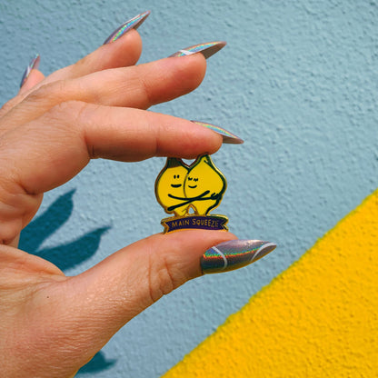 You Are My Main Squeeze Hugging Lemons Enamel Pin in Yellow by The Bullish Store