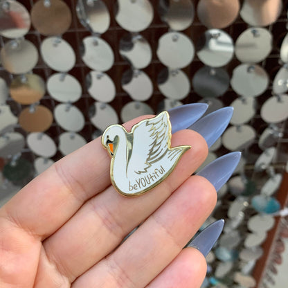 You Are Naturally Beautiful When You Are Yourself Swan Enamel Pin in White and Gold by The Bullish Store