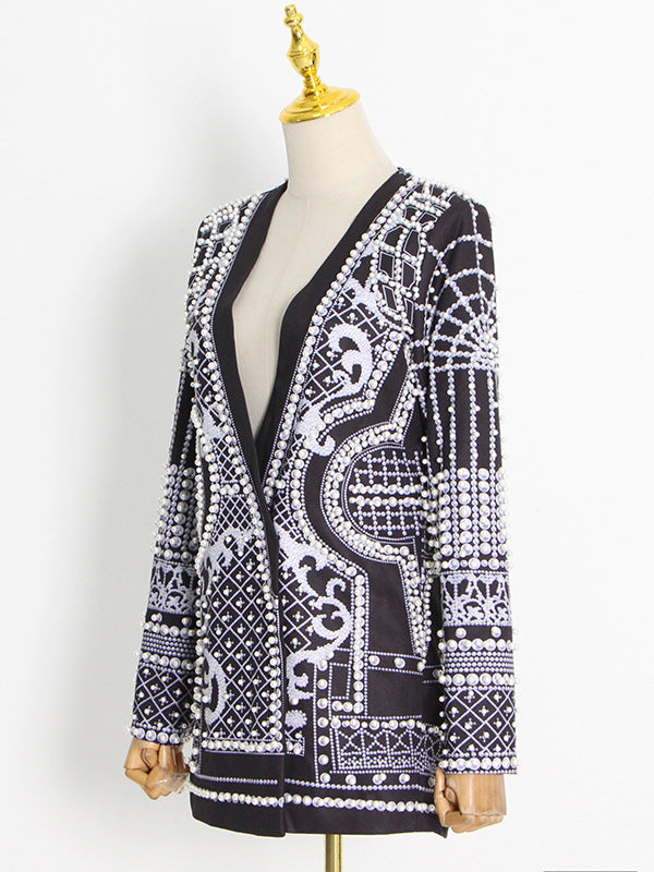 Original Creation Loose Long Sleeves Beads Printed V-Neck Blazer Outerwear by migunica