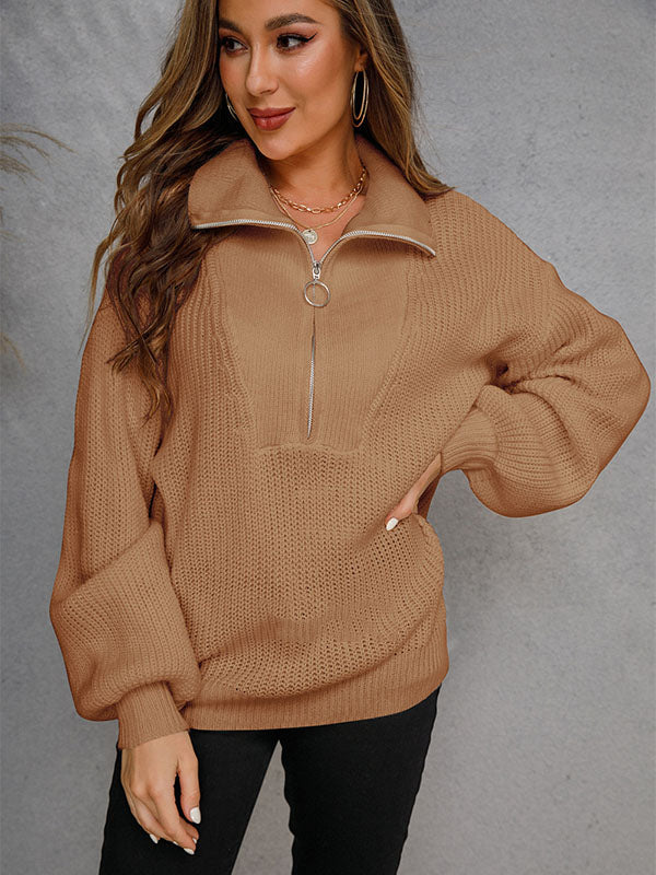 Urban Puff Sleeves Loose Solid Color Lapel Collar Sweater Tops by migunica