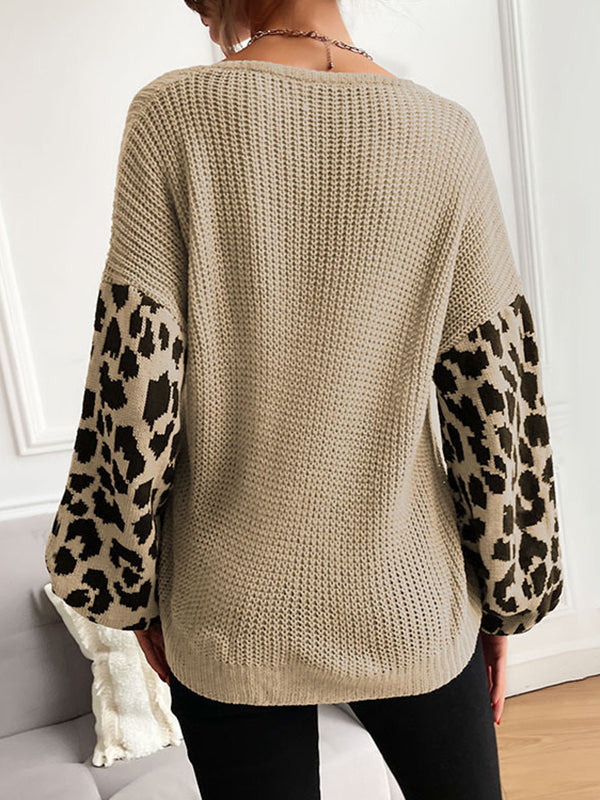 Loose Puff Sleeves Leopard Split-Joint V-Neck Sweater Tops by migunica