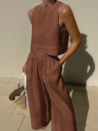 Solid Color Round-Neck Sleeveless Vest + Elasticity Wide Leg Pants Two Pieces Set by migunica