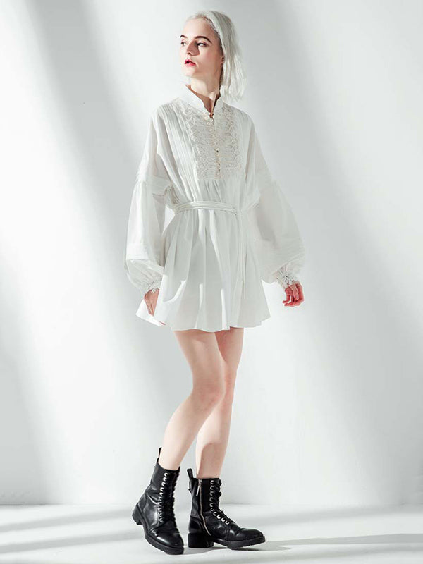 Vacation Long Sleeves Puff Sleeves Embroidered Solid Color Stand Collar Mini Dresses by migunica