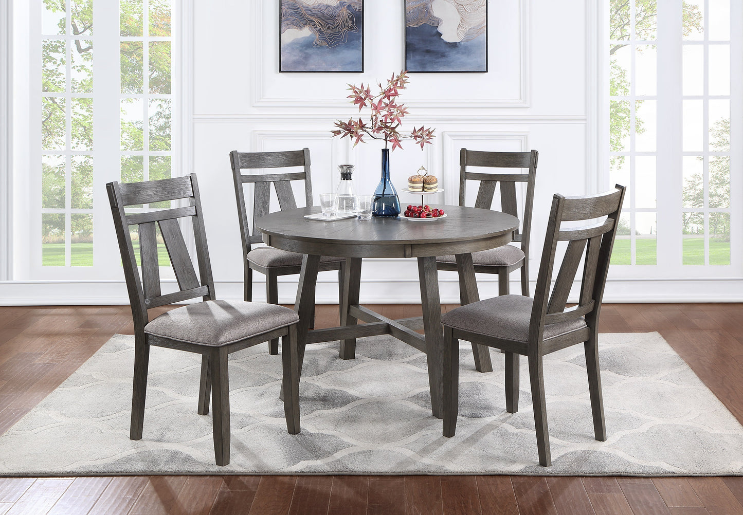 Dining Room Furniture Set of 2 Chairs Gray Fabric Cushion Seat Rich Dark Brown Finish Side Chairs