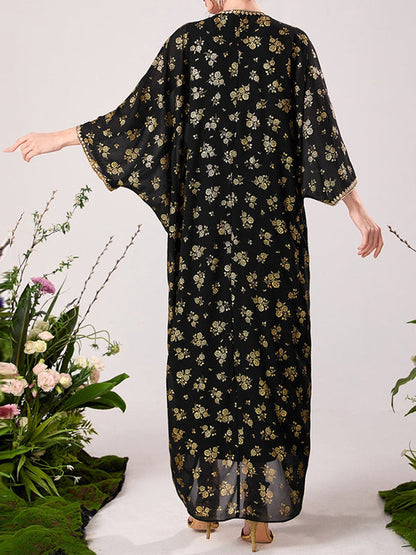 Muslim High Waisted Round-Neck Inner Dress + Flower Print Gauze Batwing Sleeves Outerwear Two Pieces Set by migunica