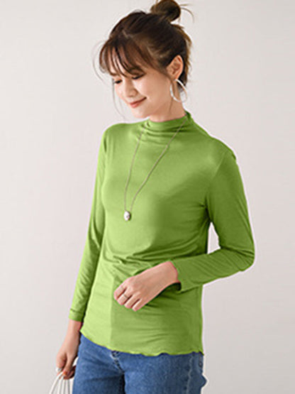 10 Colors Simple Solid Color Long Sleeves High-Neck T-Shirt Top by migunica