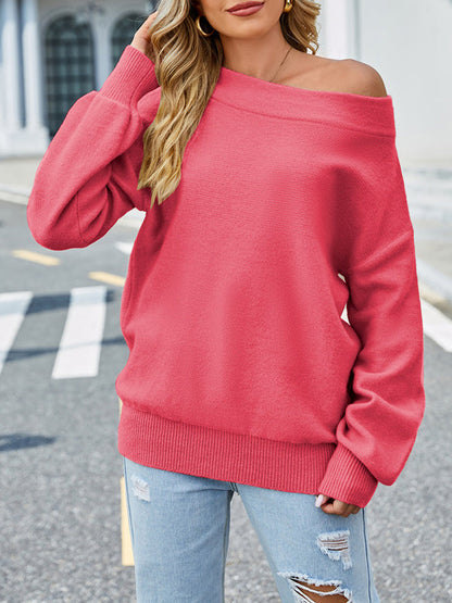 Long Sleeves Loose Solid Color Velvet Off-The-Shoulder Pullovers Sweater Tops by migunica