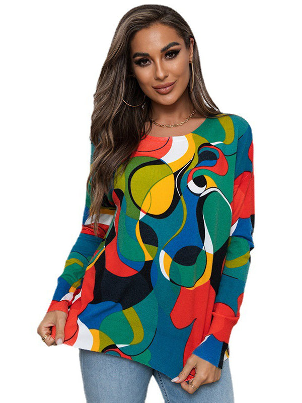 Original Creation Long Sleeves Loose Contrast Color Printed Round-Neck Pullovers by migunica