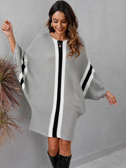 Original Loose 4 Colors Striped Round-Neck Batwing Long Sleeves Sweater Dress by migunica