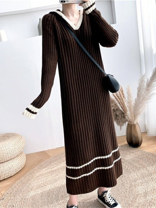 Urban Long Sleeves Loose Striped V-Neck Hooded Sweater Dresses by migunica