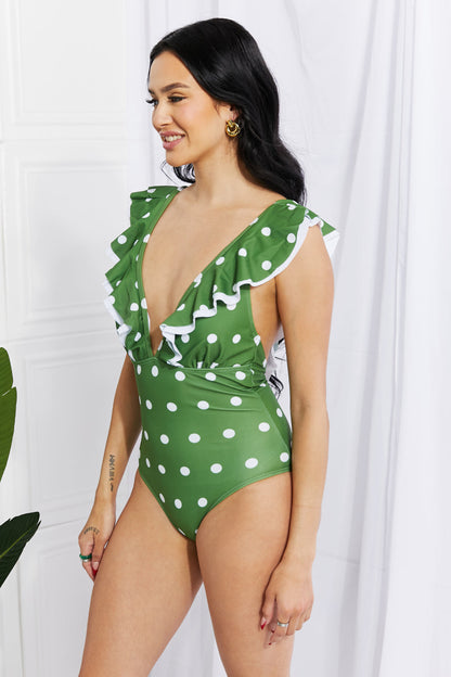 Moonlit Dip Ruffle Plunge Swimsuit in Mid Green by BYNES NEW YORK | Apparel & Accessories