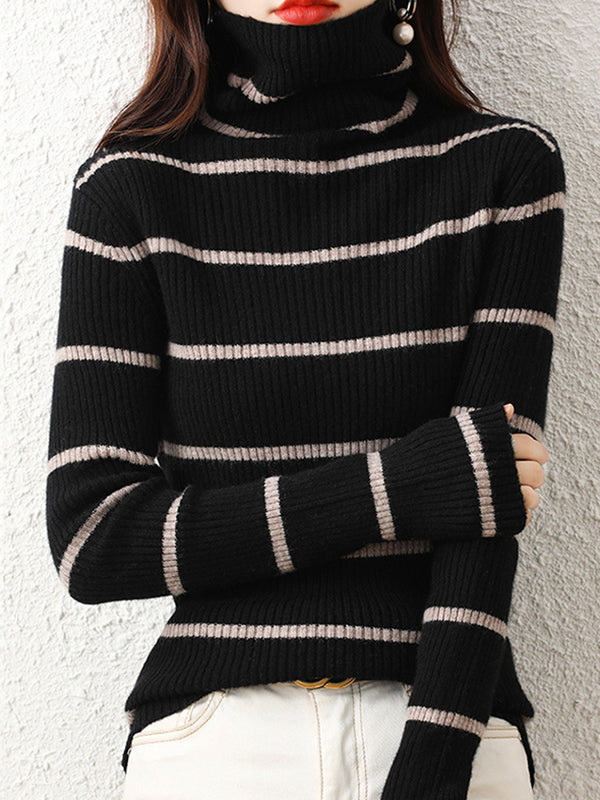 Urban Skinny Striped High-Neck Sweater Tops by migunica