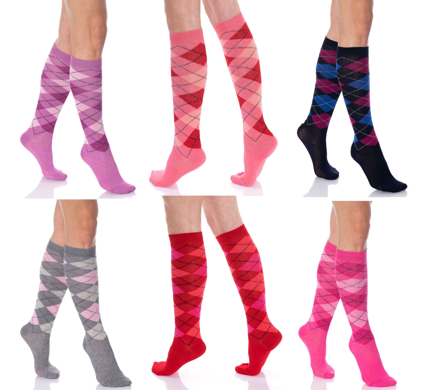 6 Pairs - Argyle Knee High Socks for Women Colorful Over the Calf Knee Socks by Mars Outlet Store LLC