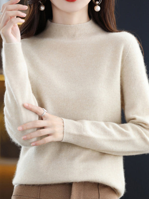 Office Long Sleeves Solid Color High-Neck Sweater Tops Pullovers by migunica