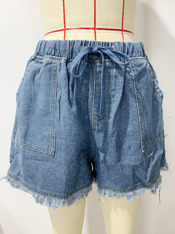 10 Colors Casual Drawstring High Waisted Denim Fringed Shorts by migunica