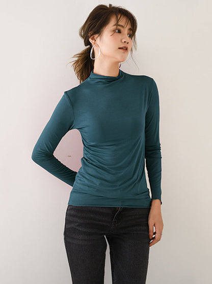 10 Colors Simple Solid Color Long Sleeves High-Neck T-Shirt Top by migunica