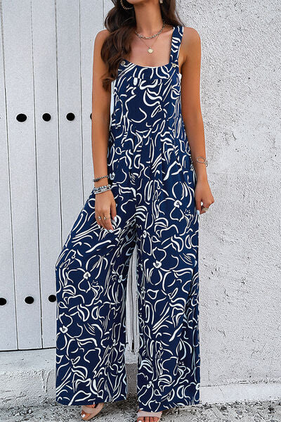 Printed Wide Strap Jumpsuit with Pockets by migunica