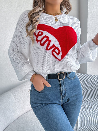 LOVE Heart Round Neck Dropped Shoulder Sweater