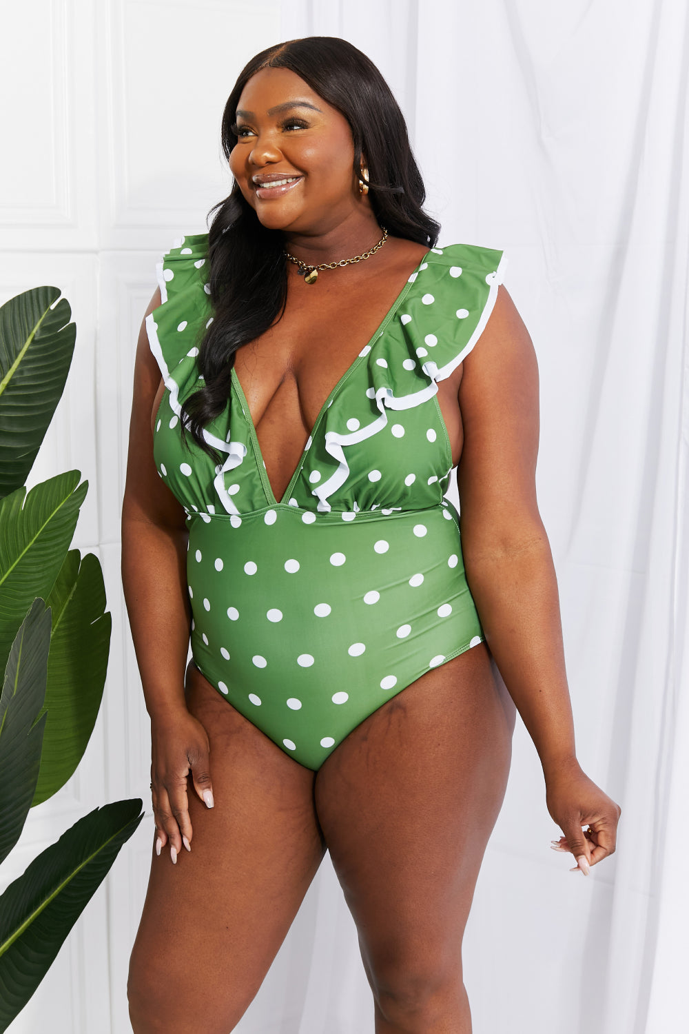 Moonlit Dip Ruffle Plunge Swimsuit in Mid Green by BYNES NEW YORK | Apparel & Accessories