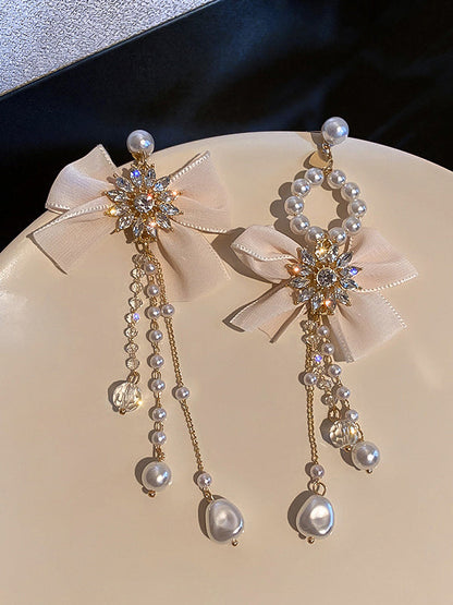 Vintage Rhinestone Bow-Embellished Tasseled Earrings Accessories by migunica