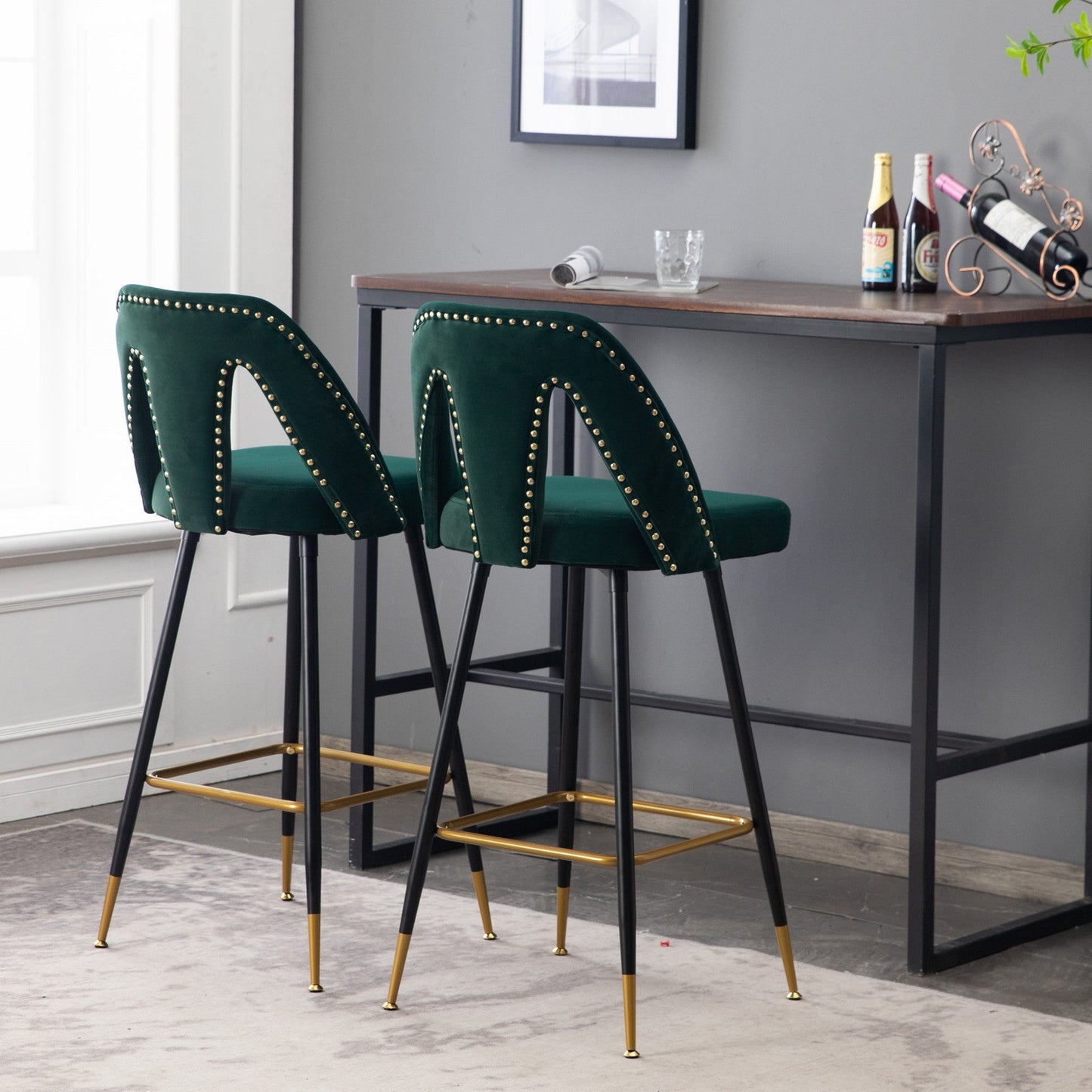 Set of 2 Modern Contemporary Velvet Upholstered Bar Stools by Blak Hom