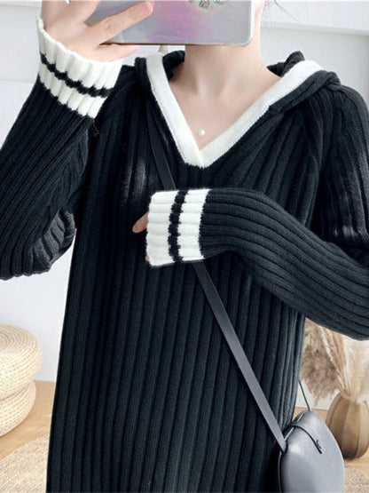 Urban Long Sleeves Loose Striped V-Neck Hooded Sweater Dresses by migunica