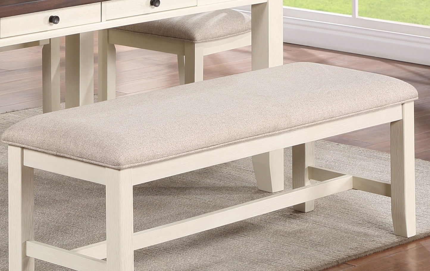 White Classic 1PC BENCH Rubberwood Beige Fabric Cushion Seats Dining Room Furniture Bench
