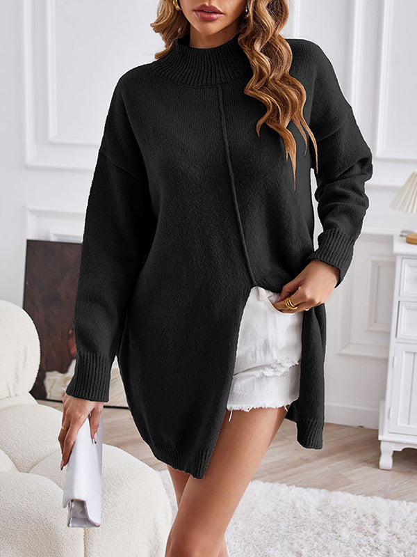 Long Sleeves Loose Solid Color Split-Front Velvet Mock Neck Pullovers Sweater Tops by migunica