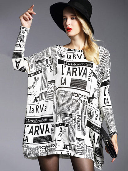 Vintage Loose One-Shoulder Newspaper Printed Split-Joint Sweater by migunica