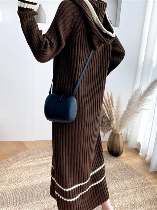 Urban Long Sleeves Loose Striped V-Neck Hooded Sweater Dresses by migunica