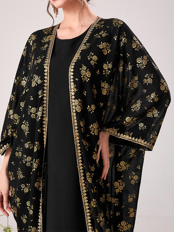 Muslim High Waisted Round-Neck Inner Dress + Flower Print Gauze Batwing Sleeves Outerwear Two Pieces Set by migunica