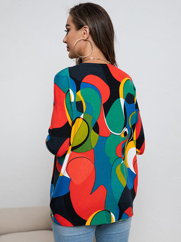 Original Creation Long Sleeves Loose Contrast Color Printed Round-Neck Pullovers by migunica