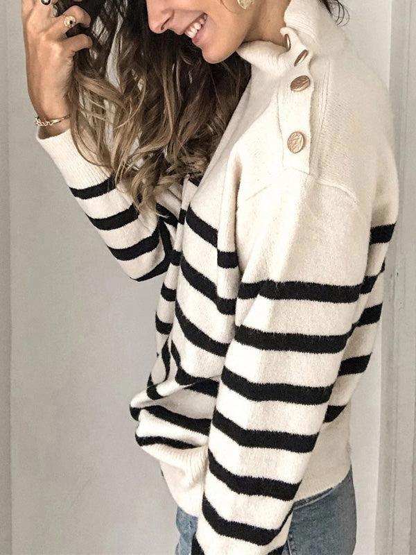 Original Loose Striped Buttoned High-Neck Long Sleeves Sweater Top by migunica