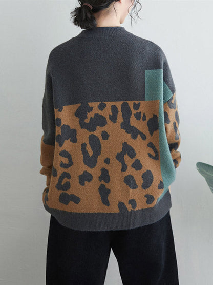 Original Contrast Color Leopard Round-Neck Long Sleeves Sweater Top by migunica